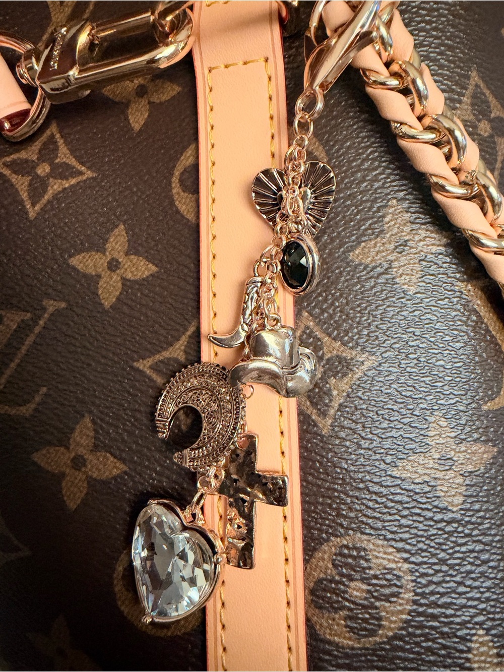 Western Boho Gold Tone Bag Charm Keychain w/ Heart Crystal & Cowboy Charms